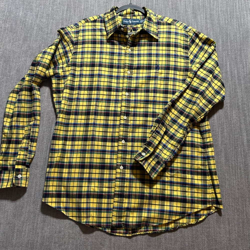 Ralph Lauren Mens Custom Fit Plaid Flannel Shirt Yellow Green Blue Large L/G - Picture 2 of 5